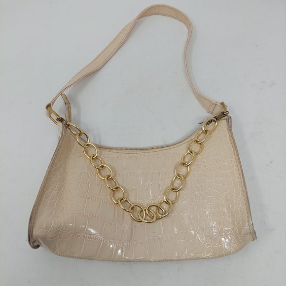 Cream Croc Embossed Patent Leather Gold Chain Accent Baguette Shoulder Bag Retro - Picture 10 of 10
